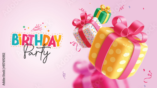 Birthday party vector design. Happy birthday greeting with dots pattern cute gift boxes decoration elements in pink background for invitation card template. Vector illustration birthday party 