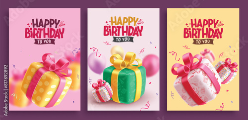Happy birthday greeting vector poster set design. Birthday gift boxes, balloons and confetti elements for invitation card lay out collection template. Vector illustration birthday greeting design. 
