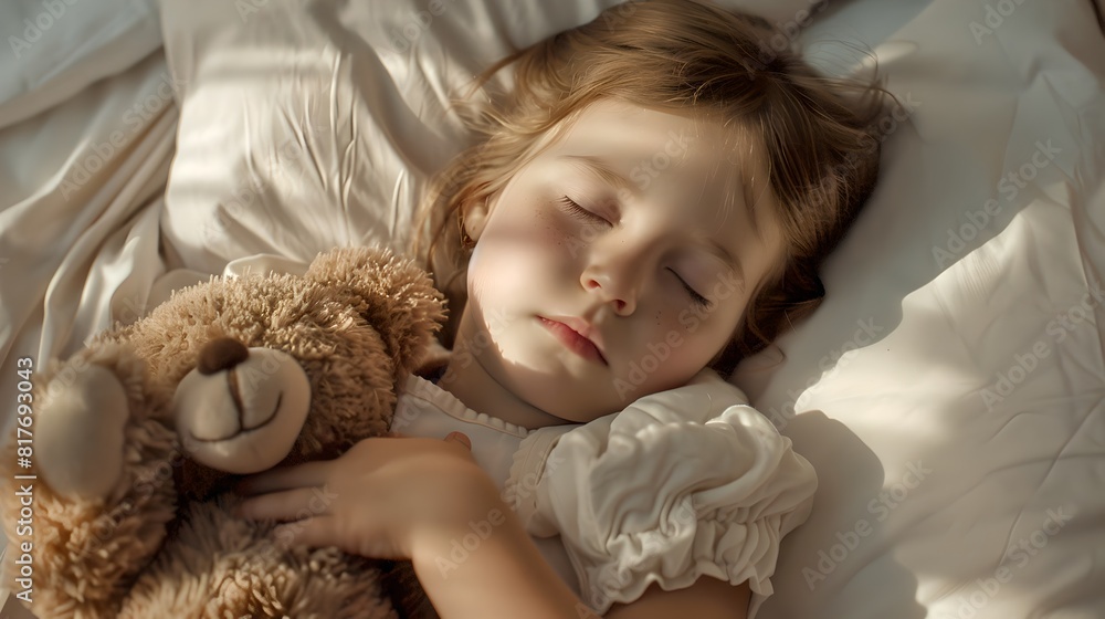 Peaceful Child Asleep with Teddy Bear, Soft Light. Serene Sleep, Innocent Childhood, Quiet Moment Captured in Bedroom. A Tender Scene of Rest. AI Peaceful Child Asleep with Teddy Bear, Soft Light. Serene Sleep, Innocent Childhood, Quiet Moment Captured in Bedroom. A Tender Scene of Rest. AI