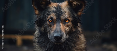 Close up portrait of a mongrel dog captured in a dog shelter with a copy space image