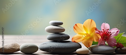An elegant arrangement of spa stones and vibrant flowers set against a serene and illuminating backdrop copy space image