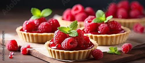 Copy space image of homemade tartlets adorned with fresh raspberries