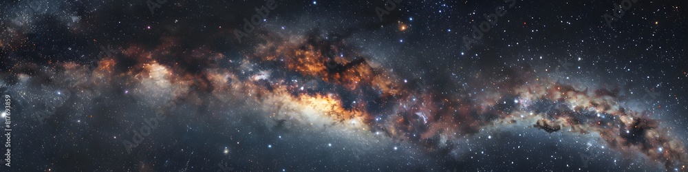 Panoramic astrophotography of visible Milky Way galaxy. Stars, nebula and stardust at night sky Panoramic astrophotography of visible Milky Way galaxy. Stars, nebula and stardust at night sky