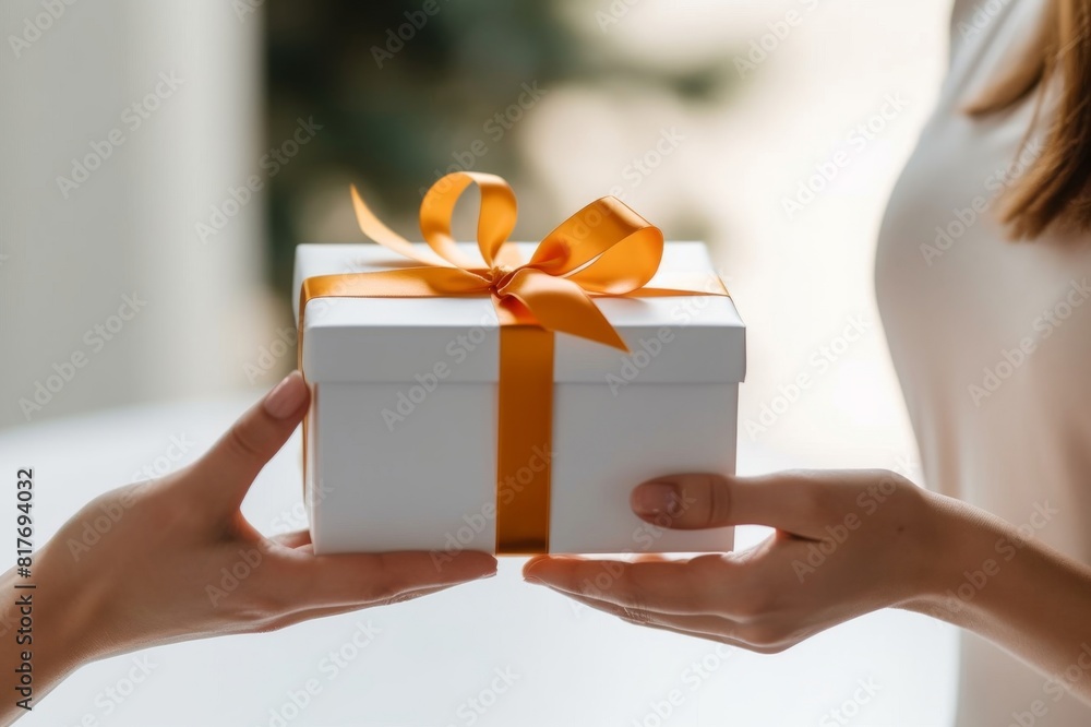 unrecognizable woman holding a white present box with orange ribbon. Birthday or Christmas gift concept unrecognizable woman holding a white present box with orange ribbon. Birthday or Christmas gift concept