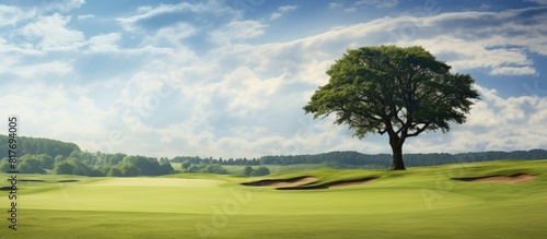A serene golf course field featuring solitary trees with ample copy space image