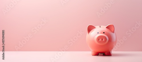 Flat lay view of a pink piggy bank with ample copy space image available