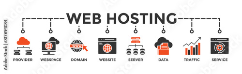 Web hosting banner web icon vector illustration concept with icon of provider, webspace, domain, website, server, data, traffic and service