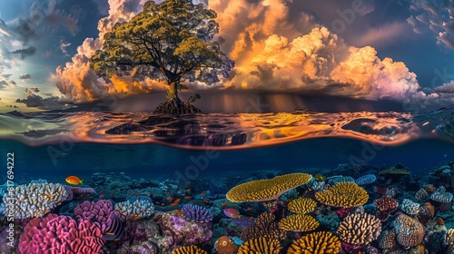 Radiant Gold Cumulonimbus Clouds Shaping a Towering Tree Above a Vibrant Coral Reef © Muhammad