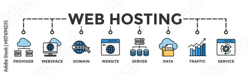 Web hosting banner web icon vector illustration concept with icon of provider, webspace, domain, website, server, data, traffic and service