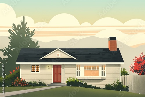 Serene suburban home illustration depicting a singlestory house with warm sunset hues, perfect for real estate and property concepts