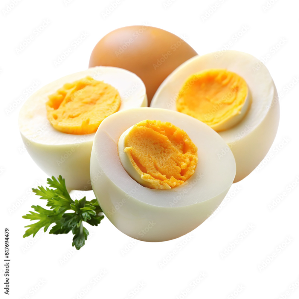 Three eggs with different yolks and a green herb isolated on transparent background Three eggs with different yolks and a green herb isolated on transparent background
