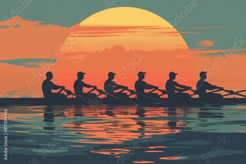 Minimalist illustration of rowers in sync on tranquil waters against a vivid sunset backdrop