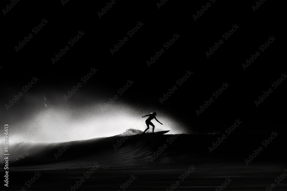 Fototapeta premium Minimalistic black and white image capturing the dynamic motion of a female surfer riding a wave