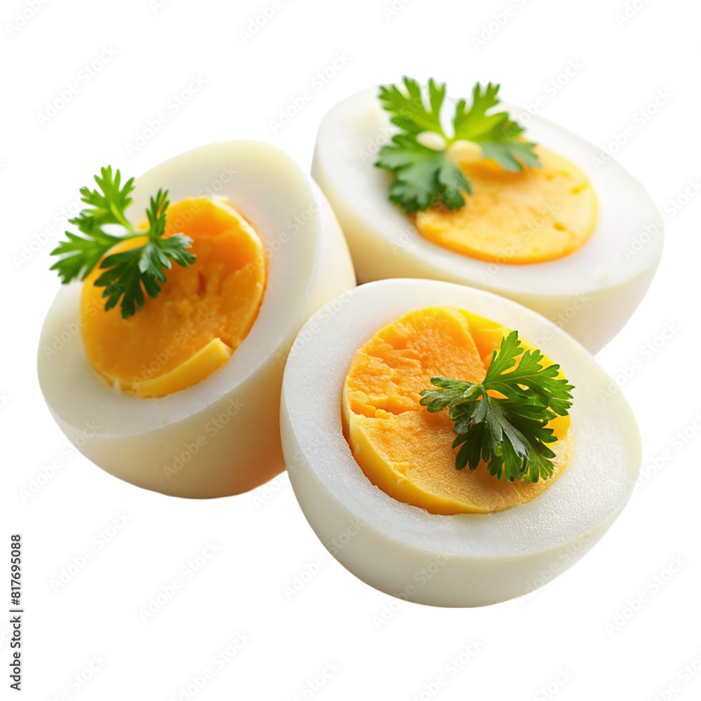 Three eggs with different yolks and a green herb isolated on transparent background Three eggs with different yolks and a green herb isolated on transparent background