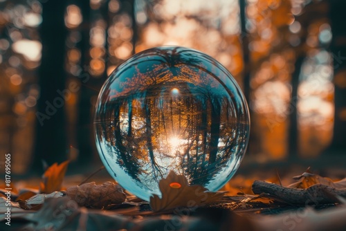 Crystal-clear lens ball reflecting a serene forest scene  capturing the essence of tranquility.