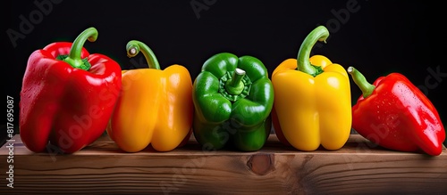 The kitchen table is adorned with vibrant bell peppers creating a colorful and inviting copy space image
