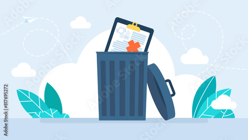Throw the document, agreement, contract in the trash. Delete data, file. Delete file, trashcan. Putting contact paper into the trash can. Flat design vector illustration. 