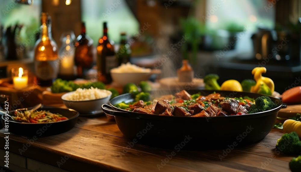 A wooden dining table with food-filled pot at center, surrounded by bowls, scattered broccoli, and bottles placed at opposite ends, indicating a cozy meal scene. A wooden dining table with food-filled pot at center, surrounded by bowls, scattered broccoli, and bottles placed at opposite ends, indicating a cozy meal scene.