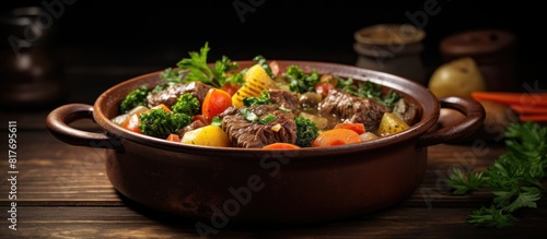 A homemade stew packed with nutritious vegetables and tender beef in a flavorsome broth. Creative banner. Copyspace image