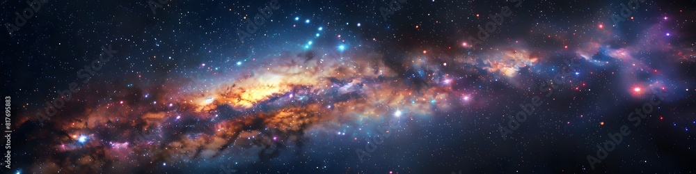 Panoramic astrophotography of visible Milky Way galaxy. Stars, nebula and stardust at night sky Panoramic astrophotography of visible Milky Way galaxy. Stars, nebula and stardust at night sky