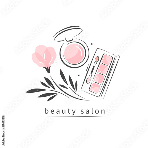 Beauty salon logo. Makeup tools, blush. Vector illustration