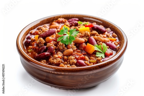 Bowl of delicious chili on white background