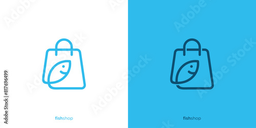 Vector Illustration Shopping Bag and Fish with Line Art Outline Style for Fish Shop or Fish Market Logo, Icon, Symbol, Design Template.