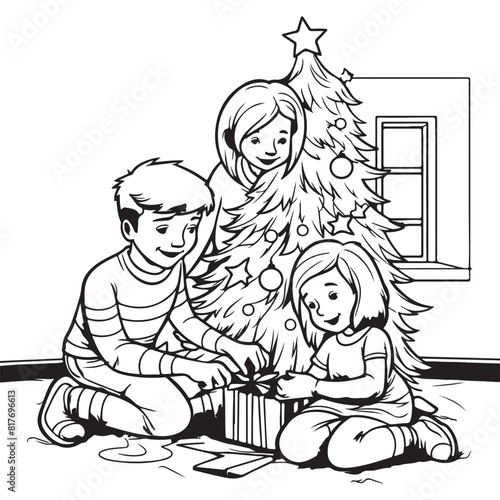 Family at christmas eve  black vector illustration for kids coloring book on white background