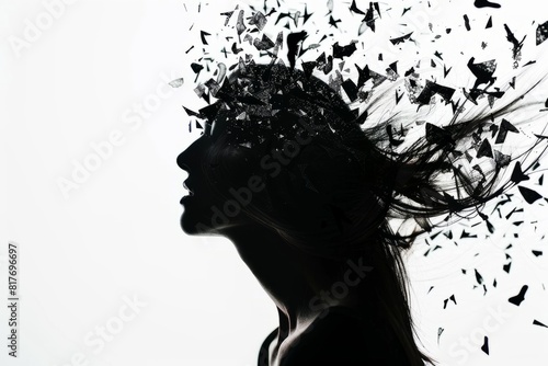 A surreal silhouette of a woman with shattered hair against a stark white background photo