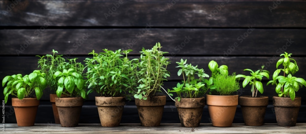 Copy space image featuring potted seedlings thriving in square organic pots set against a rustic wooden backdrop Copy space image featuring potted seedlings thriving in square organic pots set against a rustic wooden backdrop