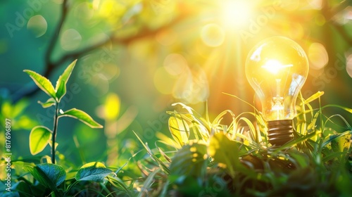 A lit light bulb stands amidst lush greenery with the sun shining through, symbolizing eco-friendliness and innovation