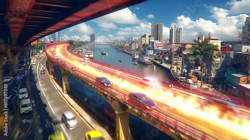 Cityscape With Cars on Bridge