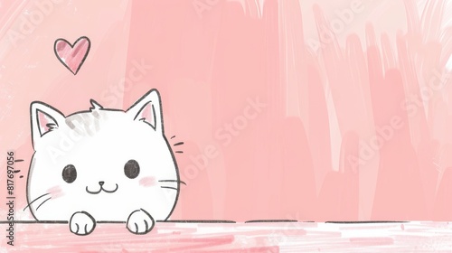 This charming image portrays a cutesy cartoon cat with a heart floating above its head, set against a soft pink backdrop photo