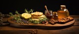 Copy space image of a platter featuring a delectable combination of honey spices and a rustic wooden backdrop