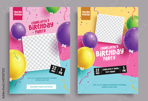 Birthday invitation card vector template design. Birthday girl invitation template with blank space for celebrant picture poster collection. Vector illustration birthday card template.
