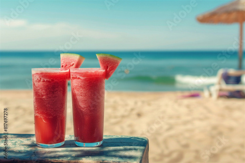 Fresh watermelon juice or smoothie in glasses with watermelon pieces served outdoor at the beach bar against sea background. Copy space. Refreshing and non-alcoholic summer drink concept