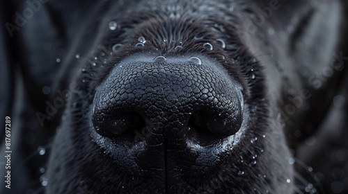 Velvety Black Nose of a Labrador Dog, Up Close with Dew Drops