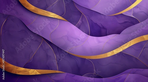Abstract background, layers of geometric shapes in varying shades of purple, enriched by the opulent presence of gold elements 