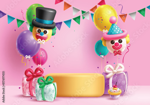 Birthday podium vector background design. Birthday balloons, gift inflatable, clown shape balloon and pennants elements decoration for product display stage presentation background. Vector 