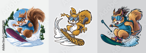 Squirrel snowboards down snowy hill vector, Generative AI