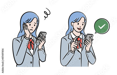 スマホを見ている女子高生のイラスト素材
