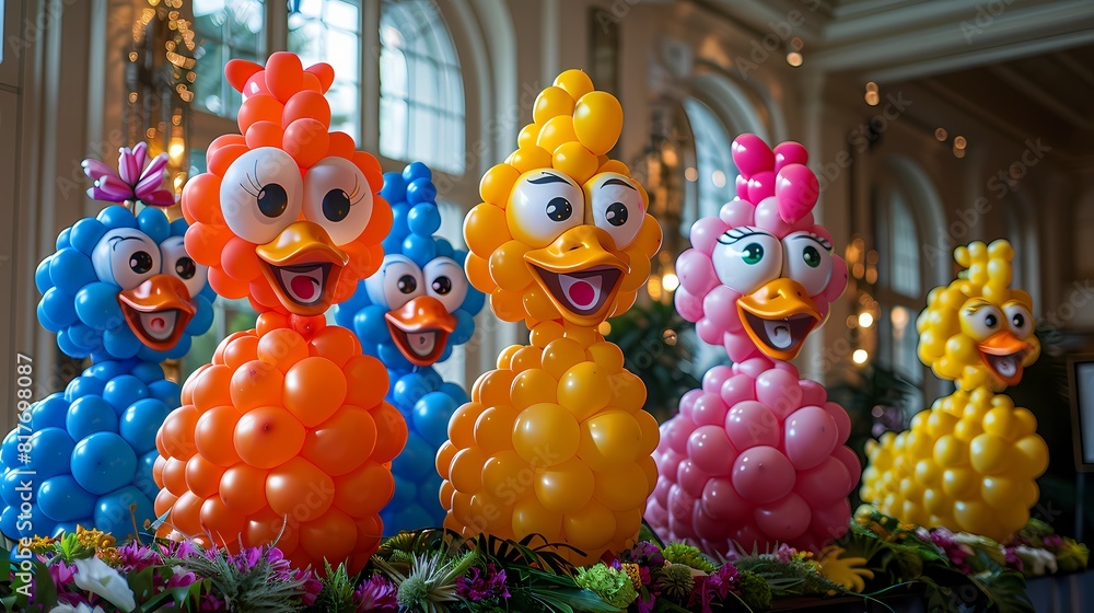 Whimsical balloon animals welcoming guests with their cheerful demeanor at the entrance