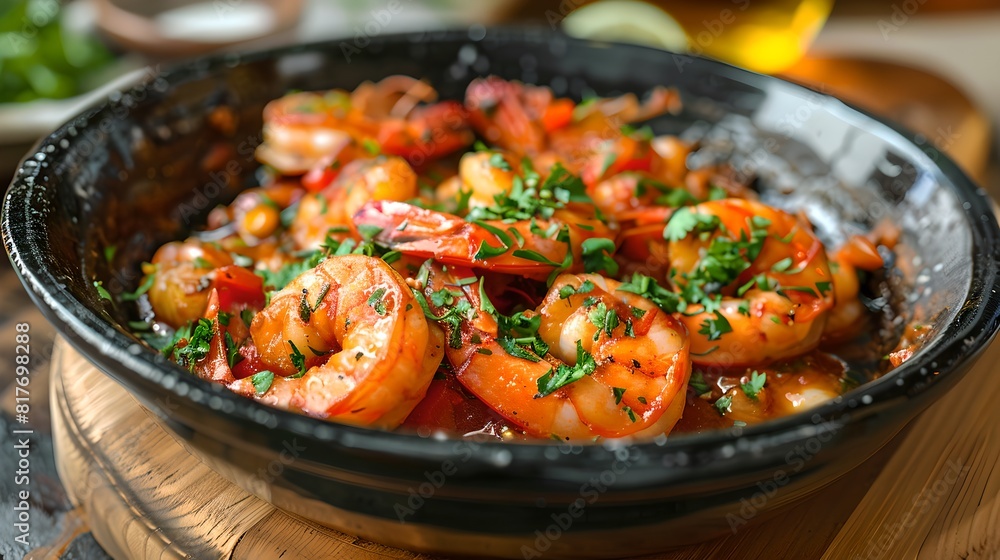 Delicious grilled prawns served in a rustic bowl, garnished with fresh herbs. Culinary seafood delight for stock photography. Styled food presentation. AI Delicious grilled prawns served in a rustic bowl, garnished with fresh herbs. Culinary seafood delight for stock photography. Styled food presentation. AI
