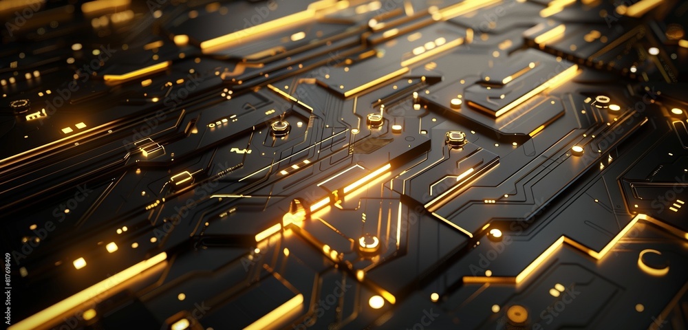 Abstract background, a futuristic with metallic gold 3D geometric lines arranged against a black backdrop Abstract background, a futuristic with metallic gold 3D geometric lines arranged against a black backdrop