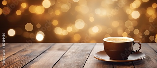 Coffee shop blur background with bokeh image and empty wood table with copy space image