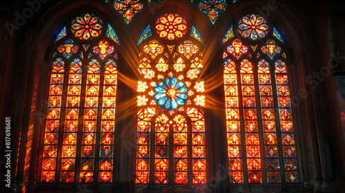 An Enchanting Image of an Orange-Colored Stai,
Clouseup depiction of multicolored mosaic cathedral windows in a gloomy Gothic church interior photo
