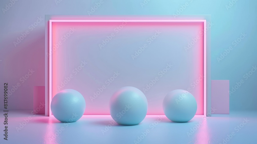 A pink neon light frame with three white spheres aligned in front, on a pastel blue background, with minimalist aesthetic A pink neon light frame with three white spheres aligned in front, on a pastel blue background, with minimalist aesthetic