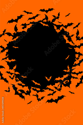 Vertical Halloween banner with black bats on the orange background. Illustration with text.
