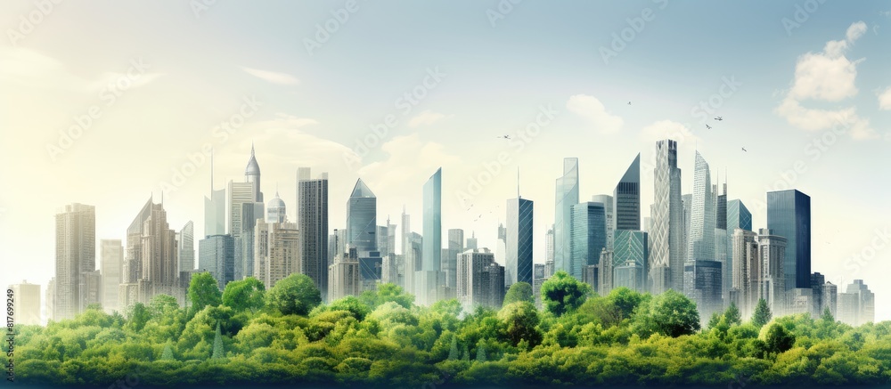 Obraz premium A scenic view of lush green trees harmoniously blending with the modern structures of the cityscape creating a vibrant copy space image