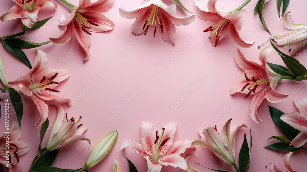 Flowers frame. Frame of lilies on pink background, copy space for text. Flowers frame. Frame of lilies on pink background, copy space for text.